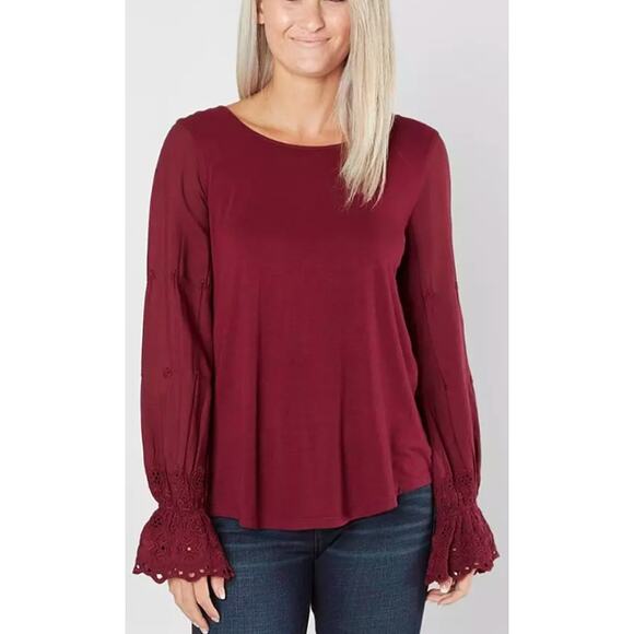 Willow & Root (Buckle) Embroidered Bell Sleeves Top Burgundy Maroon Red Size M - Picture 1 of 12